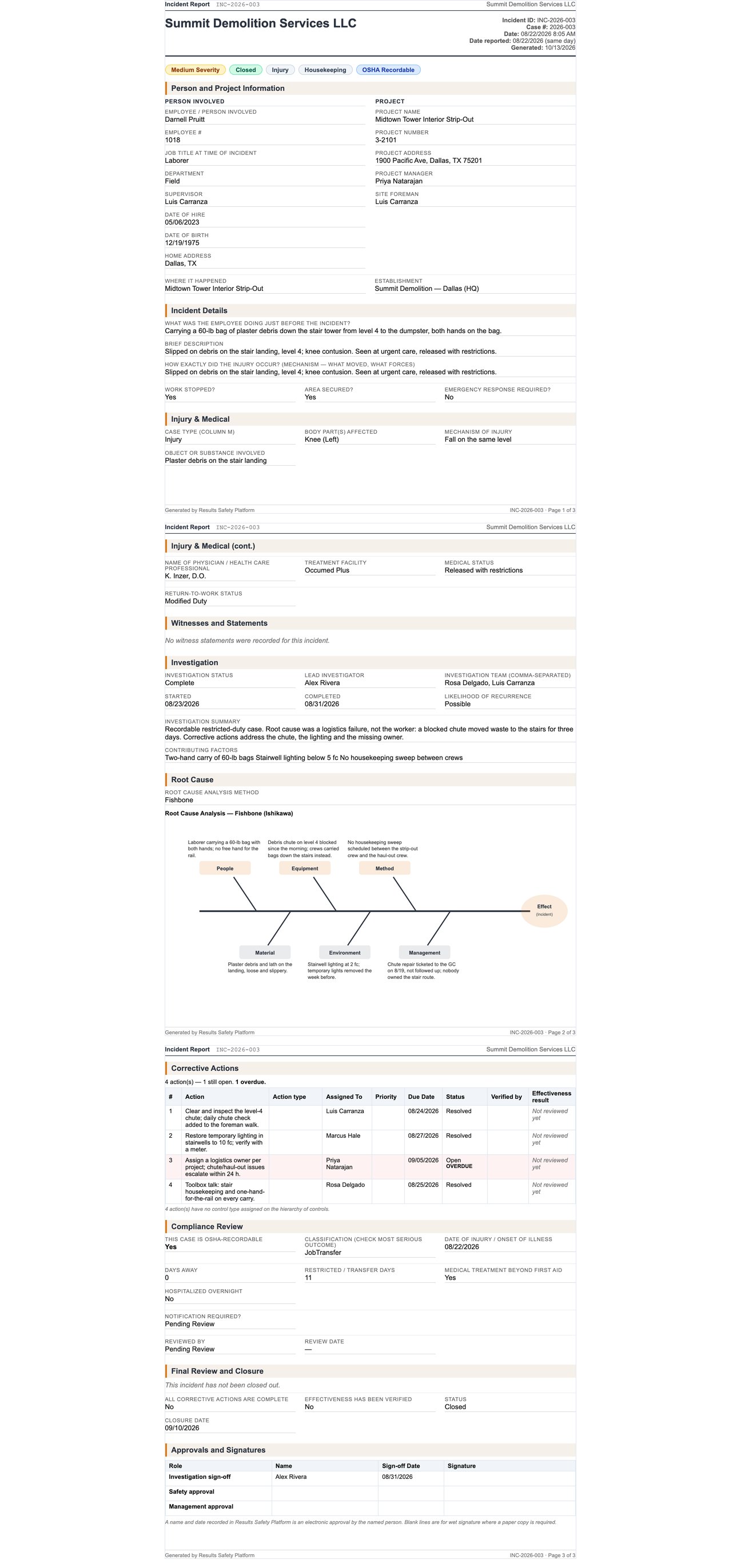 Printed investigation with fishbone root-cause diagram